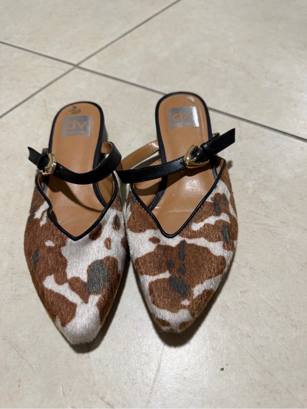 DV by Dolce Vita Brown White and Black Cowprint Pointed Slingback Flats